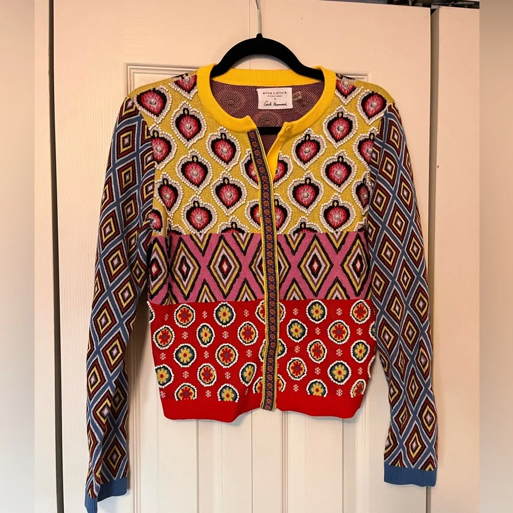 Alice + Olivia Yellow Trim Multicolor Embroidered Knit Cardigan - Picture 3 of 8